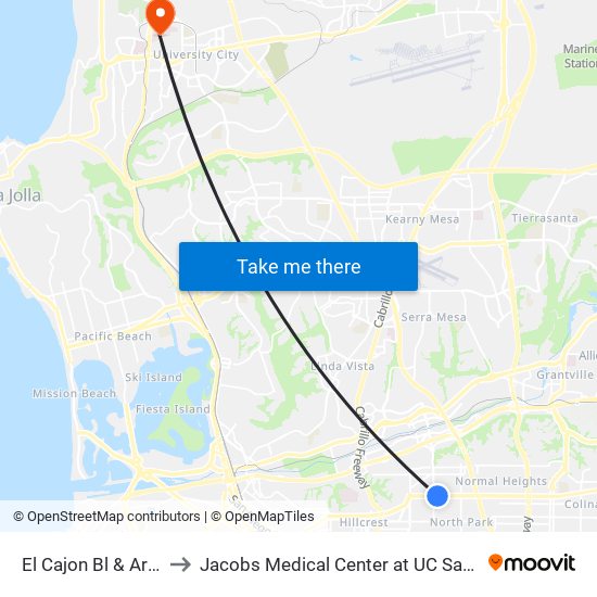 El Cajon Bl & Arizona St to Jacobs Medical Center at UC San Diego Health map