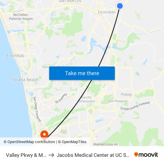 Valley Pkwy & Midway Dr to Jacobs Medical Center at UC San Diego Health map