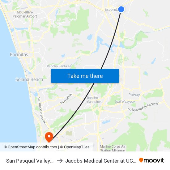 San Pasqual Valley Rd & 2nd Av to Jacobs Medical Center at UC San Diego Health map