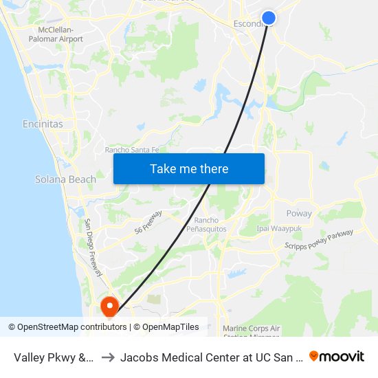 Valley Pkwy & Ash St to Jacobs Medical Center at UC San Diego Health map