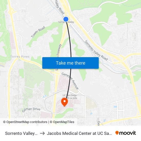 Sorrento Valley Station to Jacobs Medical Center at UC San Diego Health map