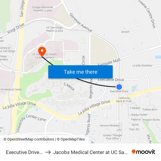 Executive Drive Station to Jacobs Medical Center at UC San Diego Health map