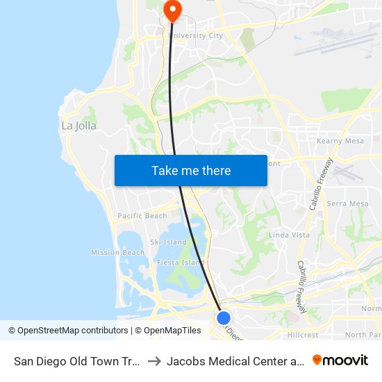 San Diego Old Town Transportation Center to Jacobs Medical Center at UC San Diego Health map