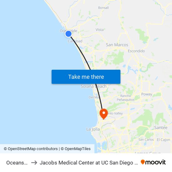 Oceanside to Jacobs Medical Center at UC San Diego Health map