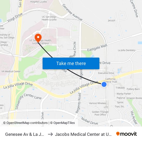 Genesee Av & La Jolla Village Dr to Jacobs Medical Center at UC San Diego Health map