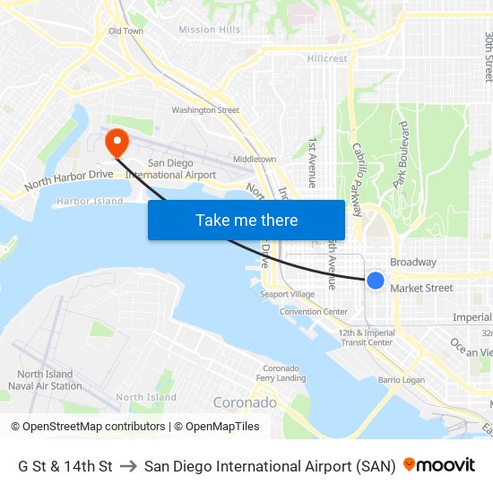 G St & 14th St to San Diego International Airport (SAN) map