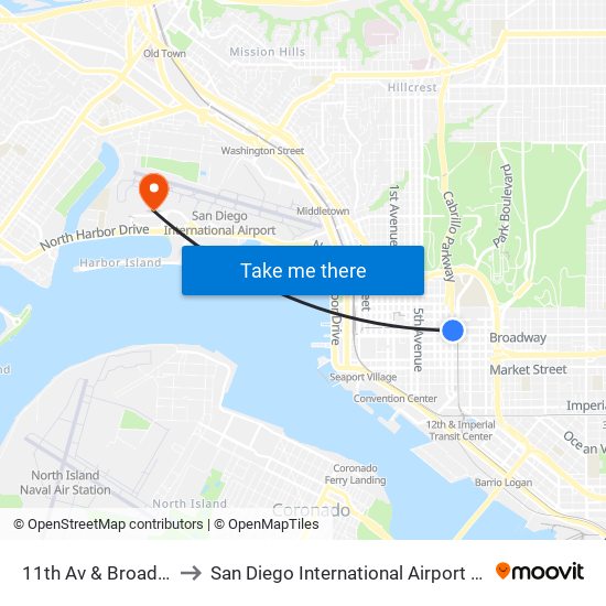11th Av & Broadway to San Diego International Airport (SAN) map