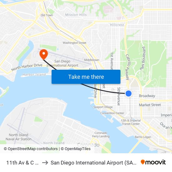 11th Av & C St to San Diego International Airport (SAN) map