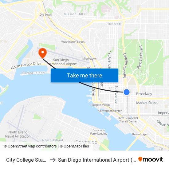 City College Station to San Diego International Airport (SAN) map