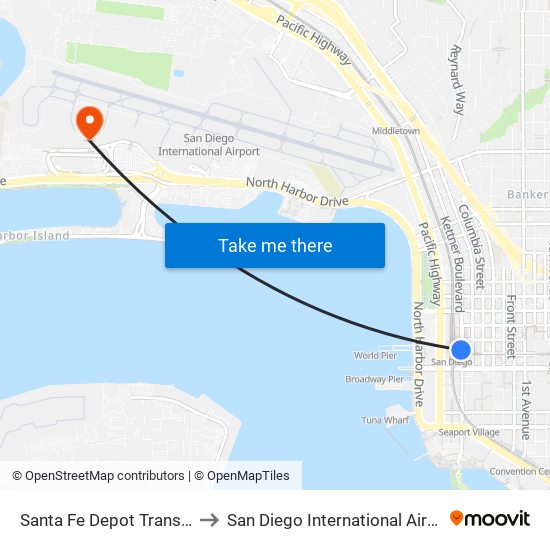 Santa Fe Depot Transit Center to San Diego International Airport (SAN) map