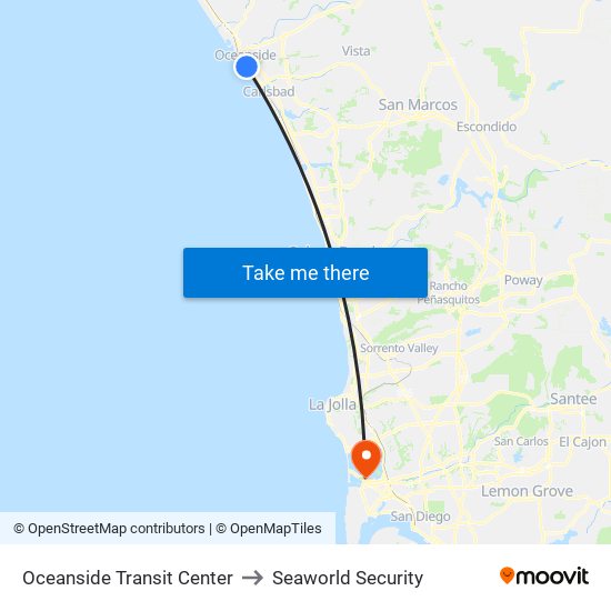 Oceanside Transit Center to Seaworld Security map