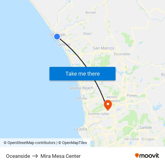 Oceanside to Mira Mesa Center map