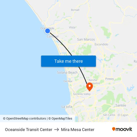 Oceanside Transit Center to Mira Mesa Center map