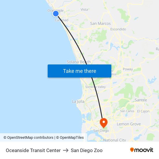 Oceanside Transit Center to San Diego Zoo map