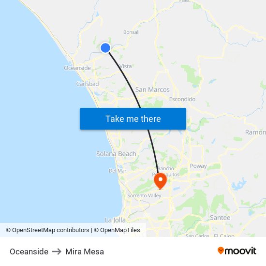 Oceanside to Mira Mesa map