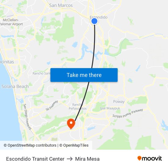 Escondido Transit Center to Mira Mesa map