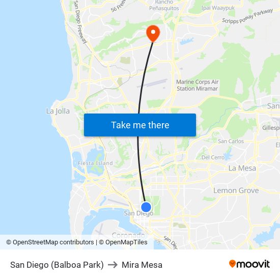 San Diego (Balboa Park) to Mira Mesa map