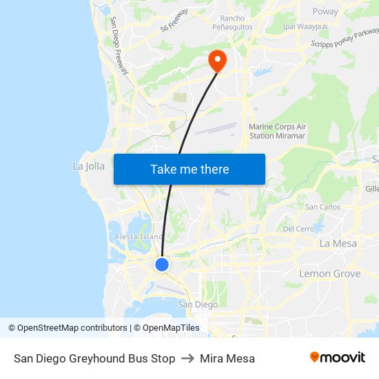 San Diego Greyhound Bus Stop to Mira Mesa map