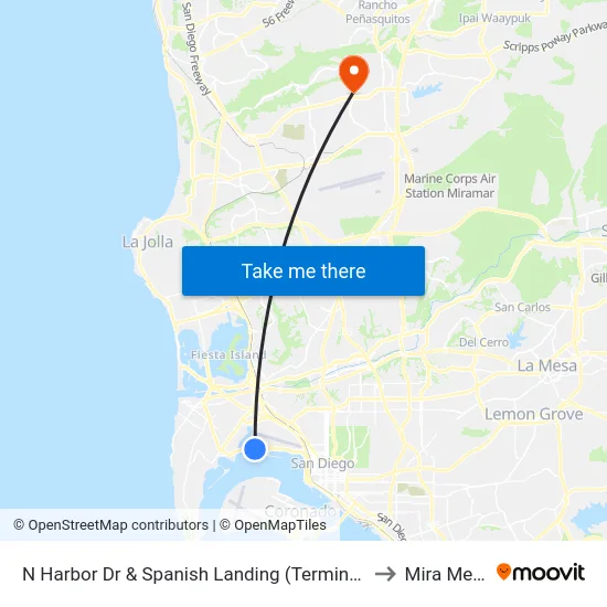 N Harbor Dr & Spanish Landing (Terminal 2) to Mira Mesa map