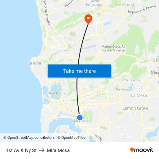 1st Av & Ivy St to Mira Mesa map