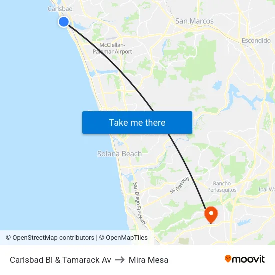 Carlsbad Bl & Tamarack Av to Mira Mesa map