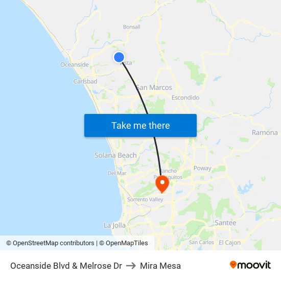 Oceanside Blvd & Melrose Dr to Mira Mesa map