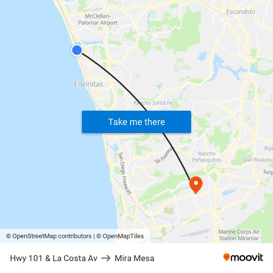 Hwy 101 & La Costa Av to Mira Mesa map