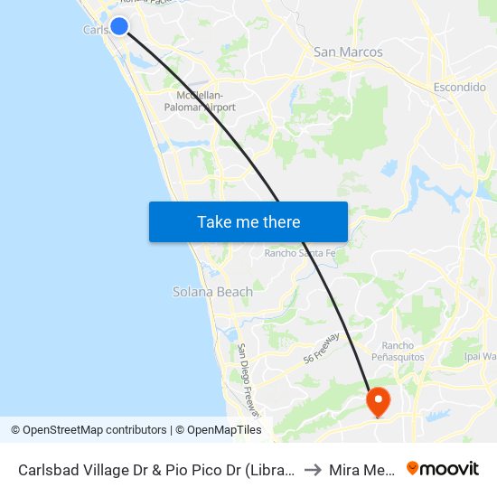 Carlsbad Village Dr & Pio Pico Dr (Library) to Mira Mesa map