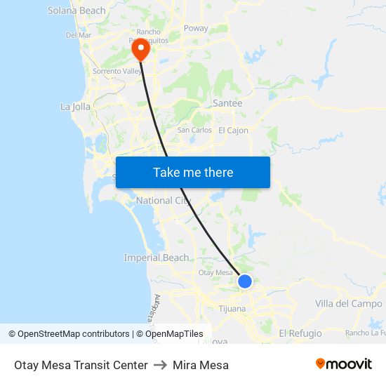 Otay Mesa Transit Center to Mira Mesa map