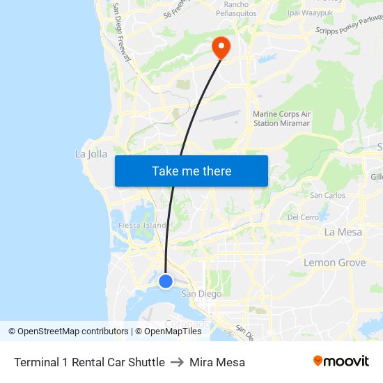 Terminal 1 Rental Car Shuttle to Mira Mesa map