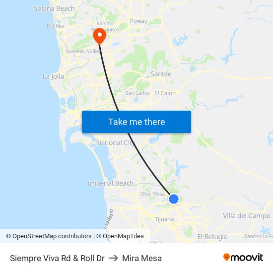 Siempre Viva Rd & Roll Dr to Mira Mesa map