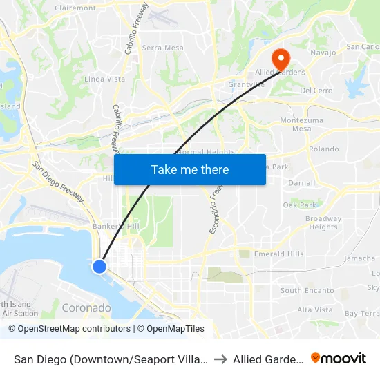 San Diego (Downtown/Seaport Village) to Allied Gardens map