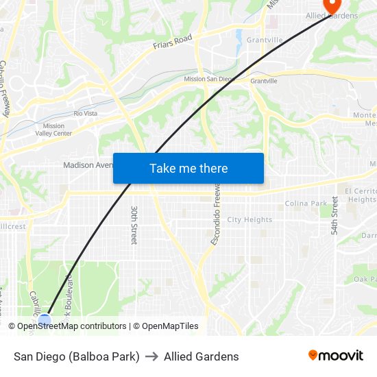 San Diego (Balboa Park) to Allied Gardens map