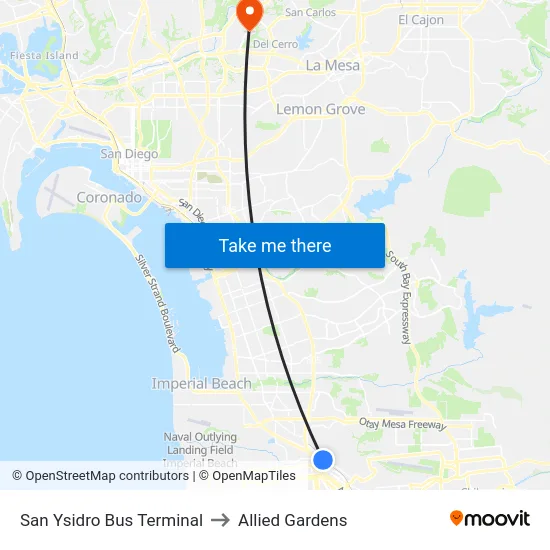 San Ysidro Bus Terminal to Allied Gardens map