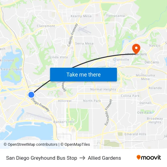 San Diego Greyhound Bus Stop to Allied Gardens map
