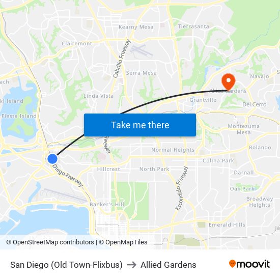 San Diego (Old Town-Flixbus) to Allied Gardens map