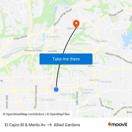 El Cajon Bl & Menlo Av to Allied Gardens map