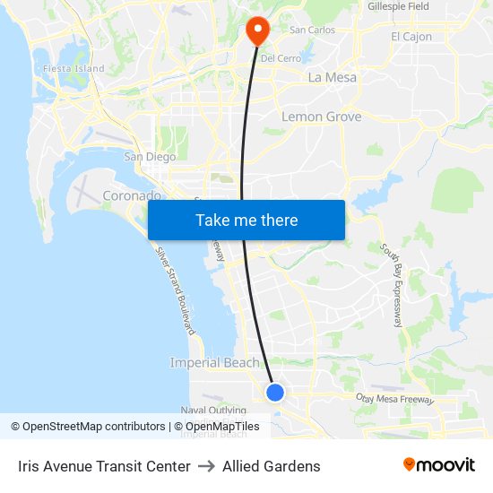 Iris Avenue Transit Center to Allied Gardens map