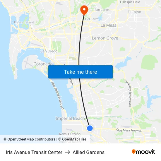 Iris Avenue Transit Center to Allied Gardens map