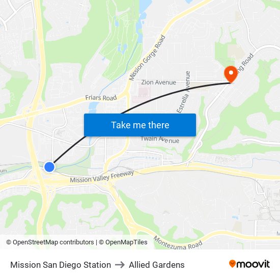 Mission San Diego Station to Allied Gardens map