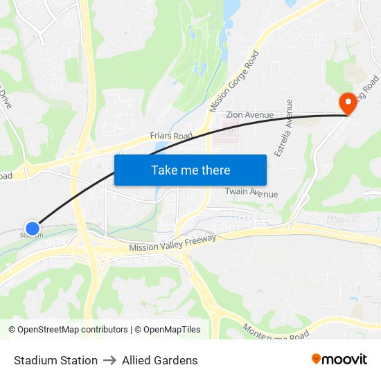 Stadium Station to Allied Gardens map