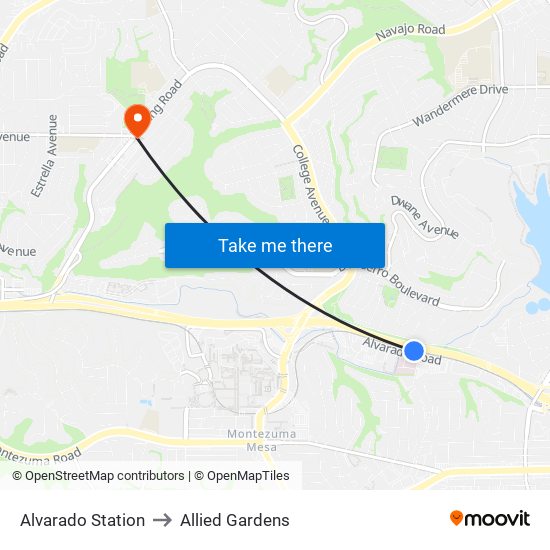 Alvarado Station to Allied Gardens map