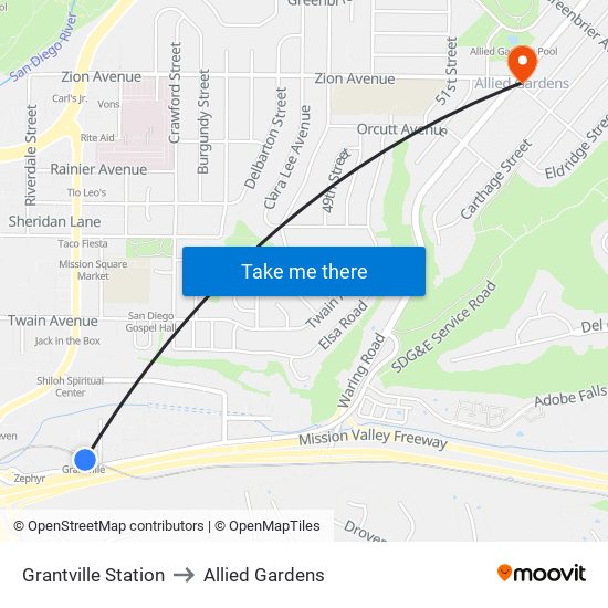 Grantville Station to Allied Gardens map