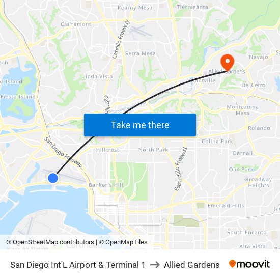 San Diego Int'L Airport & Terminal 1 to Allied Gardens map