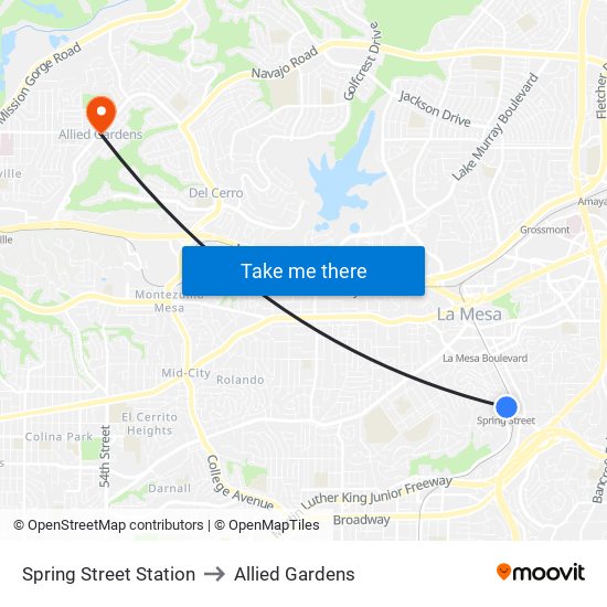 Spring Street Station to Allied Gardens map