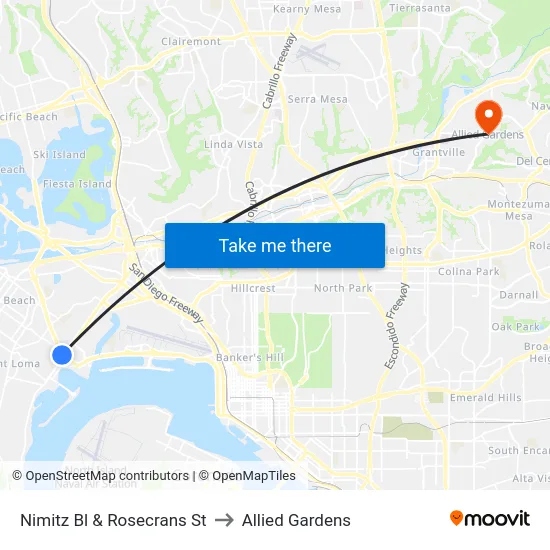 Nimitz Bl & Rosecrans St to Allied Gardens map