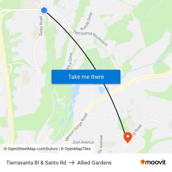 Tierrasanta Bl & Santo Rd to Allied Gardens map