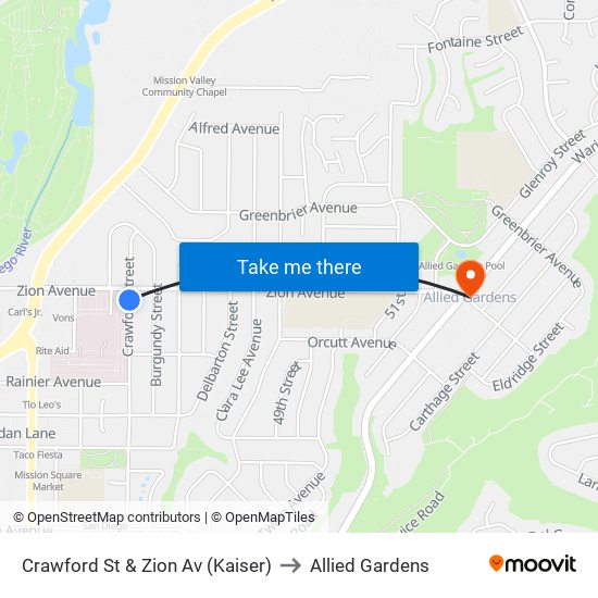 Crawford St & Zion Av (Kaiser) to Allied Gardens map