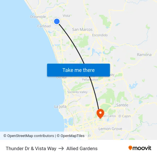 Thunder Dr & Vista Way to Allied Gardens map