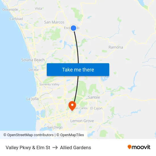 Valley Pkwy & Elm St to Allied Gardens map